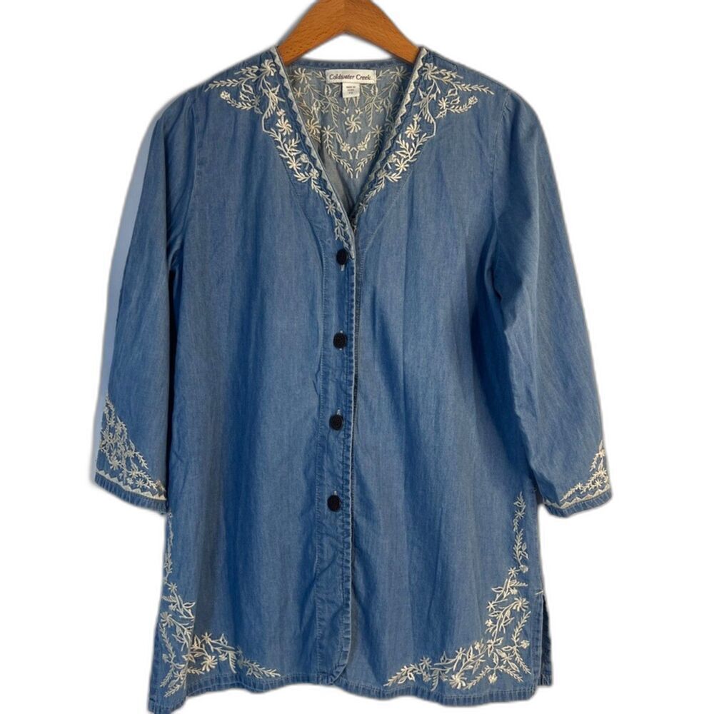 Coldwater Creek Brass Button Up Embroidered Soft Denim Blue Shirt Vneck‎ PS